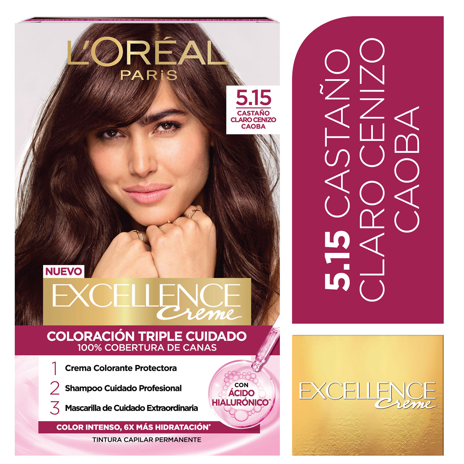 Tintura Permanente en Kit Loreal Paris Excellence 5.15 Castaño Claro Cenizo Caoba X 1 U - Imagen 2