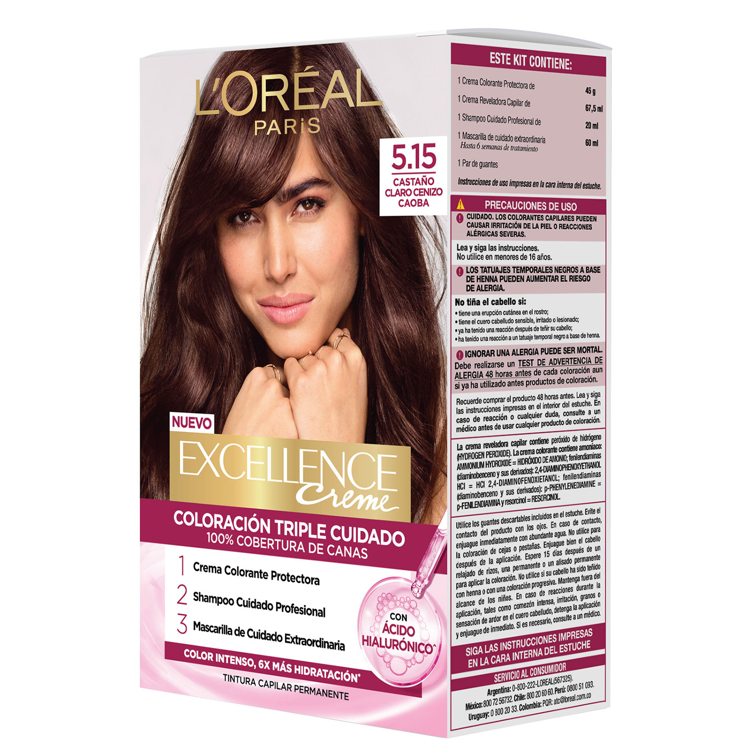Tintura Permanente en Kit Loreal Paris Excellence 5.15 Castaño Claro Cenizo Caoba X 1 U - Imagen 6