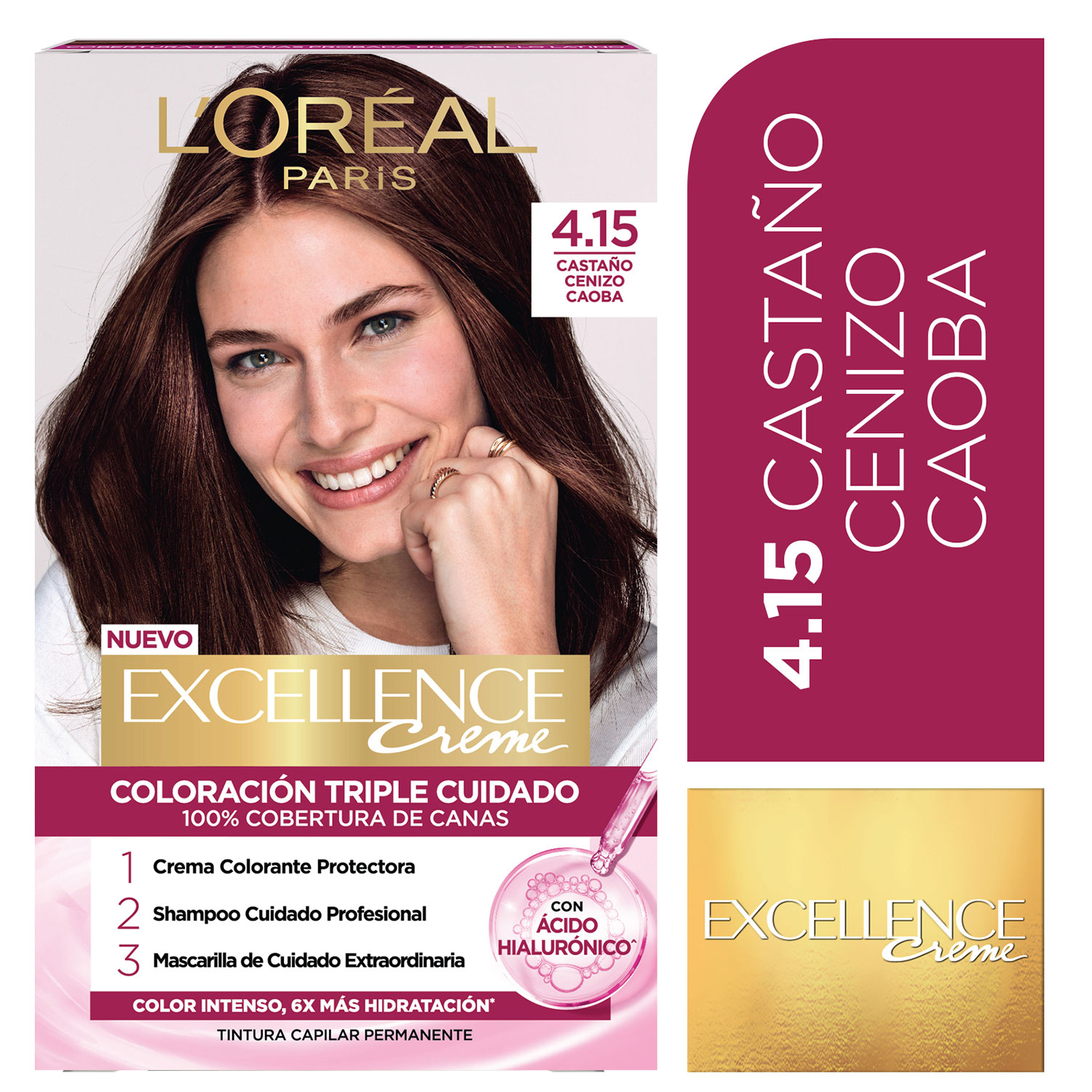 Tintura Permanente en Kit Loreal Paris Excellence 4.15 Castaño Cenizo Caoba X 1 U - Imagen 2