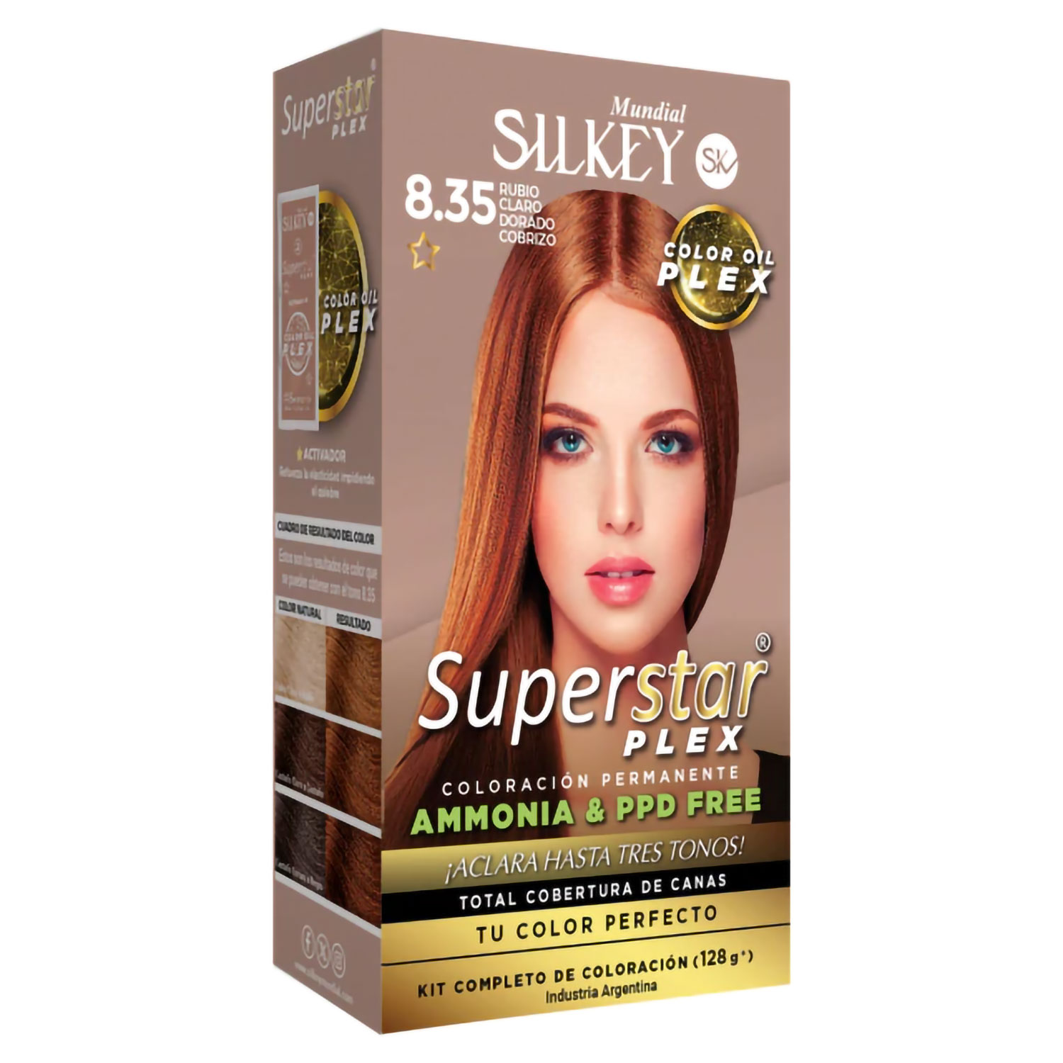Tintura Permanente En Kit Silkey Superstar Plex 8,35 Rubio Claro Dorado Cobrizo X 1 U